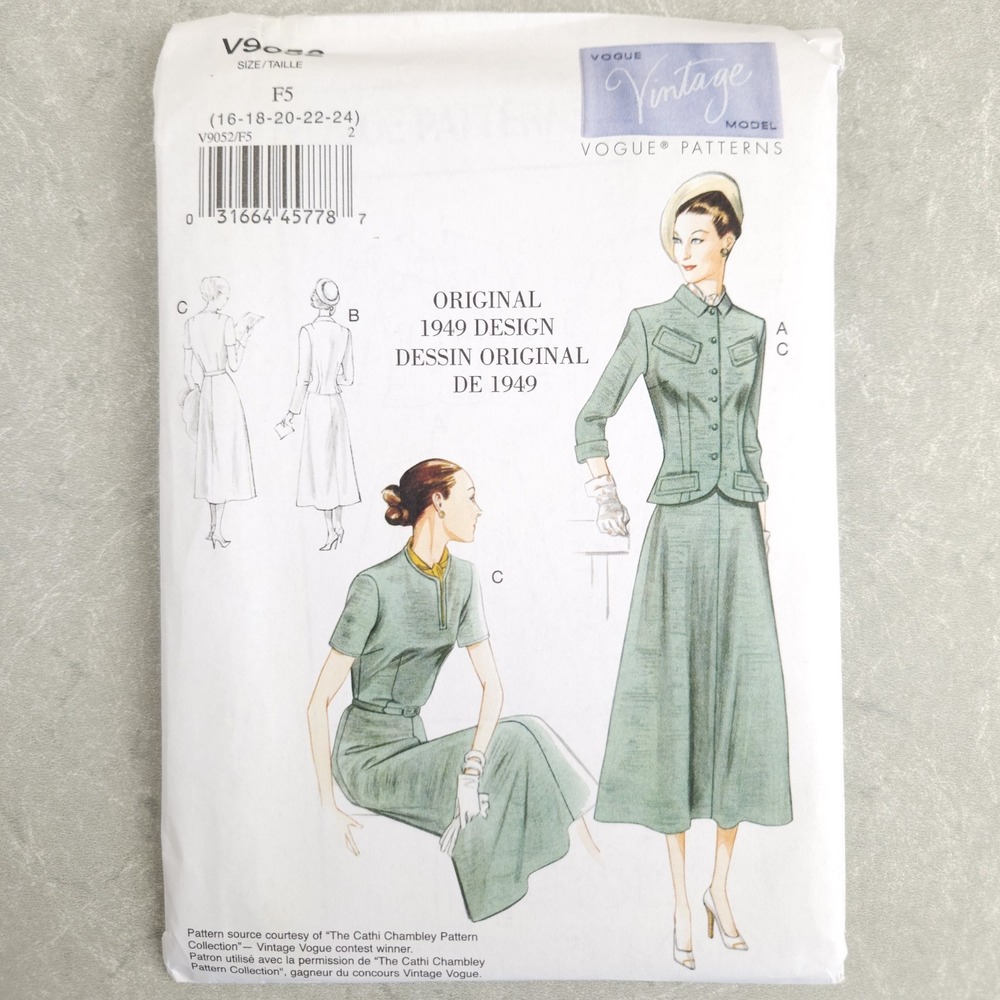 Vogue V9052 Vintage 1949 Dress Jacket Sewing Pattern Retro Old Hollywood 16-24
